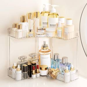lot 5101 image: 2-Tier Corner Bathroom Counter Organizer, Large Makeup Organizer For Vanity, Skincare Perfume Organizers For Women Or Men, Exquisite Corner Shelf For Bathrooms, Kitchens, Or Bedroom, (Clear, 2 Tier)