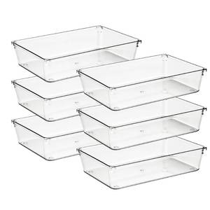 lot 5104 image: Ravinte 6 Pack Drawer Organizer - 6in X 9in Plastic Storage Bins, Acrylic Organizers with Non-Slip Pads Clear Desk Storage Tray for Makeup, Jewelries, Kitchen Utensils, Bathroom and Office