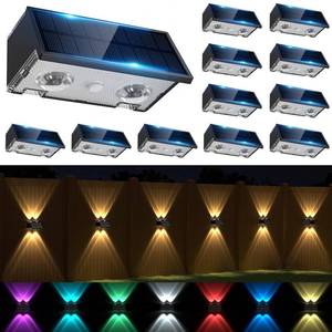 lot 5112 image: SIAFAVOI Solar Fence Lights Outdoor, 12 Pack Warm and Cool White RGB LED IP68 Waterproof Wall Mount Sconce Up and Down Solar Lights for Outside Garden Patio Backyard Garage StepBlack