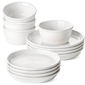 lot 5116 image: LE TAUCI Ceramic Plates and Bowls Set for 4, 12-Piece Ceramic Dinnerware Set, Farmhouse Dishes Set, Microwave and Dishwasher Safe, Stackable, 10in Dinner8in Salad Plates6in Bowls, White incomplete