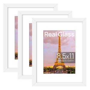 lot 6141 image: upsimples 8.5x11 Picture Frame Set of 3, Made of High Definition Glass for 6x8 with Mat or 8.5x11 Without Mat, Wall Mounting Photo Frames, White