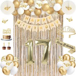 lot 6147 image: 17th Birthday Decorations for Girls, Champagne Gold Happy 17 Year Old Gifts for Girls, 17 Sash and Crown, Banner, Fringe Curtains, Hanging Paper Fans, 17th Birthday Party Decorations