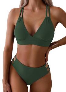 lot 6154 image: Fanuerg Womenfts Sexy V Neck Bikini Sets Hollow Out Two Piece Swimsuits Cutout Mid Waist Bathing Suit Army Green L