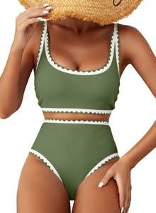 lot 6156 image: Herseas Womens Green Modest Bikini Sets Shell Stitch 2 Piece Swimsuits High Waisted Scoop Adjustable Straps Bathing Suits Padded Resort Wear Cruise Outfits Medium