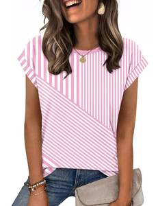 lot 6161 image: Zeagoo Womens Tops Summer Casual Cap Sleeve Tshirts Shirts Business Dressy Spring Fashion Outfits Trendy Clothes Pink Stripes size XL