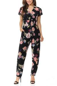 lot 6164 image: Aulin Collection Womens Short Cap Sleeve V-Neck Long Pants Romper Jumpsuit - Botanic Floral LXL