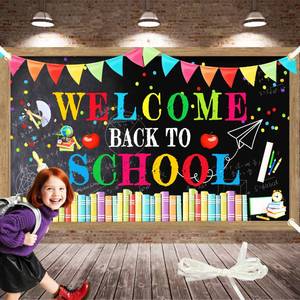 lot 6189 image: Large Back To School Backdrop 72x44 Inch Welcome Back To Shool Banner Party Decorations First Day of School Banner with 4 Grommets for Home Classroom Supplies with 19.68 Ft Rope