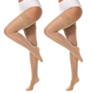 lot 6228 image: MANZI Shiny Thigh High Stockings Sexy Lace Top Stay Up Silky Sheer Stocking Shimmery Tights for Women 2 Pairs Pack Natural S-M