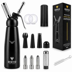 lot 6233 image: Professional Whipped Cream Dispenser�500mL Aluminium Whip Maker Canister with 2 Sets of Stainless Steel and Plastic Tips, Cleaning Brush and Mesh Storage Bag�Leak-Proof (Black)