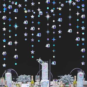 lot 6274 image: Iridescent 40th Birthday Decorations Number 40 Circle Dot Twinkle Star Garland Metallic Hanging Streamer Bunting Banner Backdrop for Women Mens 40 Year Old Birthday Forty Anniversary Party Supplies
