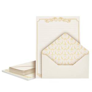 lot 6277 image: Paper Junkie Letter Paper and Envelopes Set - 60 Sheets (7.2 x 10.2 In) and 30 Ivory Envelopes (4 x 7.7 in), Gold Border, 100 GSM - Vintage Lined Stationery for Love Letters and Invitations