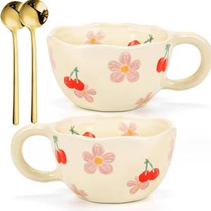 lot 6288 image: Yopay 2 Pack Ceramic Coffee Mug with Spoon, 8oz Handmade Hot Chocolate Mugs, Cute Cup for Girl Microwave Safe, Aesthetic Tea Milk Cup with Handle for Latte, Cocoa, Gift, Mom(Cherry flower)