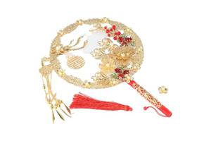lot 6289 image: Kopida Chinese Vintage Round Phoenix Shaped Alloy Fan, Gold Flower Hand Holding With Tassel, Wedding Bride Group