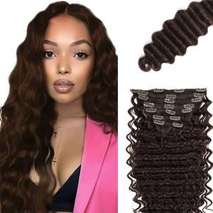lot 6299 image: A28 Inch #4 Brown Deep Wave Clip in Hair Extensions - Real Remy Human Hair, 120g 7pcs, Chocolate Brown Human Hair Extensions Dark Brown Deep Curly Clip ins