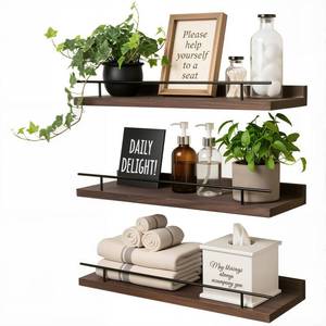 lot 11167 image: XXKMDXW Floating Shelves Set of 3, 15.74 inches Rustic Wood Wall Shelves for BathroomBedroom, Living Room, Kitchen and Book, Hanging Display Decor Organization Shelf with 22 lbs Capacity