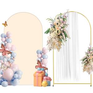 lot 11182 image: Metal Arch Backdrop Stand and Cover Set, 7.2FT Beige Reusable Spandex Fitted Backdrop Cover and Gold Wedding Arch Frame for Baby Shower, Birthday, Parties Decoration.
