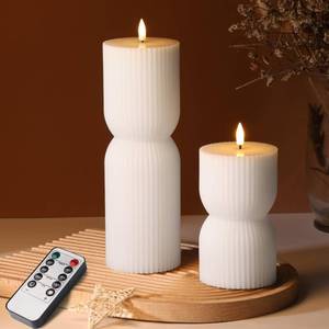 lot 11191 image: Girimax White Ribbed Flameless Pillar Candles with Remote, Real Wax Flickering Battery LED Candles Set of 2