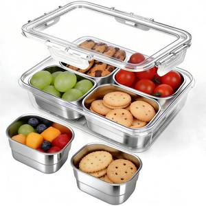 lot 11205 image: Snackle Box Container,Clear Divided Serving Snack Tray with 4 Removable Stainless Steel Containers for Fruit Veggie Candy,Snack Tray with Lid Leak-Proof for WetDry Food-Perfect for Beach,Picnic