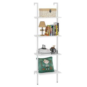 lot 11229 image: Wolawu Ladder Shelf 4 Tiers Metal Industrial Bookshelf,White Wooden Tall Open Storage Rack and Display Shelves,Wall Mount Wide Bookcase for Home Office Bedroom,Small