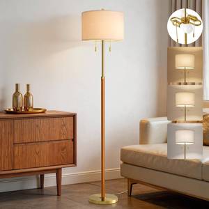 lot 11230 image: G-SAFAVA Floor Lamp 61in Wood Lamps for Living Room Bedroom 2-Lights Mid Century Modern Standing Tall Lamps for Office Nursery Corner Reading Room Lamp, 3 Color Temperatures 9W Bulbs Included, Gold