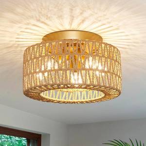 lot 11242 image: Rattan Light Fixtures Ceiling Mount, 3-Lights Boho Flush Mount Ceiling Light, Hand-Woven Cage Shade Lamp Lighting, Rustic Rattan Chandelier for Hallway Bedroom Kitchen Farmhouse Foyer Entryway (Gold)