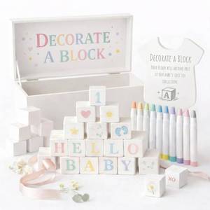 lot 11245 image: Nolia Baby Shower Blocks Decorating Game � 48 White Wooden Cubes to Decorate, Storage Box, 12 Acrylic Markers and Instruction Sign (Missing Markers)