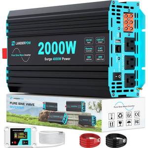 lot 11253 image: LANDERPOW Pure Sine Wave Inverter 2000 Watt, 12V DC to 120V AC Inverters for RV, Truck, Solar, Home, Power Inverter with 3 AC Outlet, 30W USB-C, 5V 3.1A USB, Hardwire Port, Remote Control, Surge 4000W (Missing Set Of Cords)