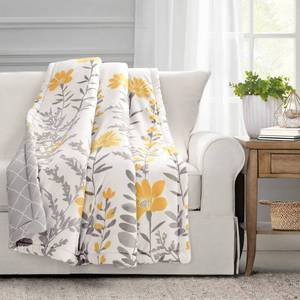 lot 11257 image: Lush Decor Aprile Reversible Cotton Throw Blanket, 50in W x 60in L, Yellow and Gray - Throw Blankets for Bed - Couch Blanket - Floral Throw Blanket for Couch