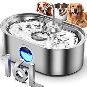 lot 11258 image: 4.2Gal Dog Water Fountain for Large Dogs, 16L Stainless Steel Dog Fountain Water Bowl with Multi-Filtration and Deeper Drinking Tray, Extra Large Pet Water Fountain with Water Window and LED, Ultra-Quiet (Used)