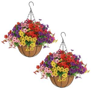 lot 11261 image: Senjie 2 Set Artificial Hanging Flowers with Basket for Outdoor Decor, UV Resistant 24 Bundles Faux Flowers Fake Hanging Planter for Porch Patio Balcony