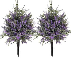 lot 11263 image: FJAKA 2Pcs Artificial Lavender Plants Outdoor Topiary Ball Tree with Ground Spike, Faux UV Resistant Artificial Shrubs, Indoor and Outdoor Fake Purple Tree for Porch, Garden, Front Door Decoration