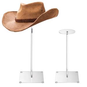 lot 12010 image: Josojoou 2Pcs Acrylic Hat Stand and Wig Display Rack, 16.9in Clear Hat Rack Stand for Display, Adjustable Height Hat Holder, Square Barbell Base Display for Jewelry Watch Helmets