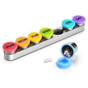 lot 12014 image: Weekly Metal Pill Case 7 Day, Stainless Steel Pill Box Organizer for Travel, Waterproof Medicine Container, Portable Daliy Pill Holder for Vitamins Fish Oils (Small)