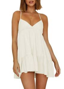 lot 12016 image: Womens V Neck Crisscross Backless Dresses Tie Back Sleeveless Ruffle Hem Flowy Swing A-Line Vintage Summer Mini Dress White (Used) (Size Medium )