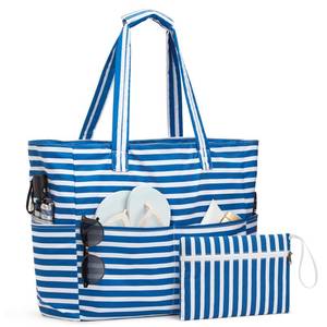 lot 12019 image: G4Free Beach Bag Waterproof Sandproof, Large Foldable Beach Tote with Zipper for Women, Pool Travel Swim Grocery Tote Bags, Blue Strip