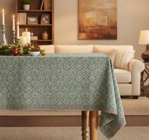 lot 12048 image: PEARL  CREEK Ella Light Green Cotton Tablecloth 52in x52in � Hand Block Printed Floral Square Table Cover � Vintage Holiday Tablecloth for Kitchen or Dining Table 1 pc