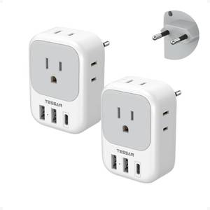 lot 12073 image: 2 Pack European Plug Adapter USB C, TESSAN US to Europe Adapter 4 Outlets 3 USB Charger, Type C International Power Adaptor to Italy Spain France Portugal Iceland Germany, Europe Travel Essentials