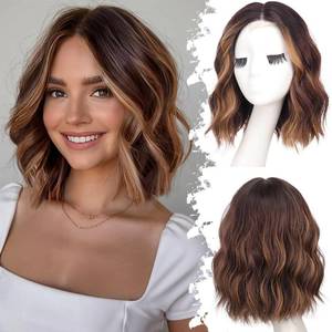 lot 12076 image: Eawwii Brown Highlight Short Wavy Wig for Women Lace Hairline Bob Style Synthetic Heat Resistant - Natural Appearance for Everyday Hairstyle 12 Inch