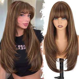lot 12120 image: XIXIBI Long Brown Wig with Bangs, Brown Mixed Blonde Layered Realistic Wigs for Women, 4x4 Realistic Scalp, Free Parting Synthetic Natural Looking Wigs for Daily Party Cosplay Use 26Inch
