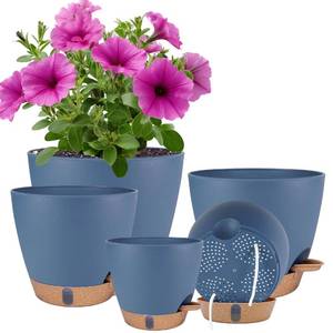 lot 12124 image: Self Watering Pots for Inoor Ourdoor Plants 876.565 Inch Plastic Planters with Drainage Holes and Water Level Indicator, Decorative House Flower Nursery Planting Pots with Saucers (Navy Blue)