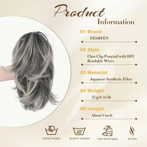 lot 12133 image: FESHFEN Claw Clip Short Ponytail Extensions - DIY Bendable Metals Fluffy Messy Bun Hair Piece Straight Synthetic Hairpieces Ponytail Extension for Women, Black Gray and White Tips