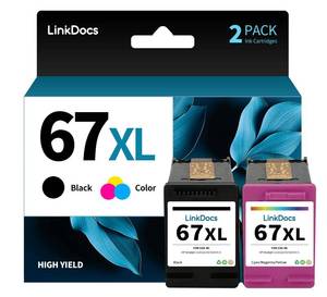 lot 12144 image: LinkDocs 67xl Ink Cartridges Combo Pack Remanufactured Replacement for HP Ink 67 Work with HP DeskJet 2855e 2800e 2755e Envy 6055e Pro 6400 6455 DeskJet 2732 2752 Printers (2-Pack BlackandTri-Color)