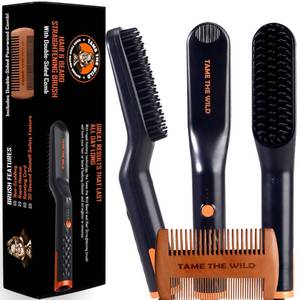 lot 12154 image: TAME The Wild Beard Brush and Beard Straightener for Men - Ionic Heated Comb with 3 Adjustable Temps - Wooden Beard Comb for Grooming - Anti-Scald Safety - for All Hair Types(Used)