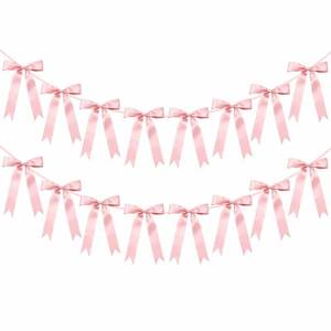 lot 12176 image: Pink Bow Garlands Banner Decoration, 6.7FT x 2 Strands Pre-Strung Satin Ribbon Party Decor for Coquette Birthday Parties, Weddings, Bachelorette, Baby Showers, Anniversaries, Room Decor (Pink)