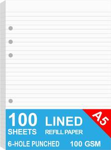 lot 12177 image: A5 Lined Paper, Refills for Filofax Planner, Organizer, Binders, 6 Hole Punched, 100 Sheets200 Pages, 100gsm, White, 5.8 x 8.2 Inch