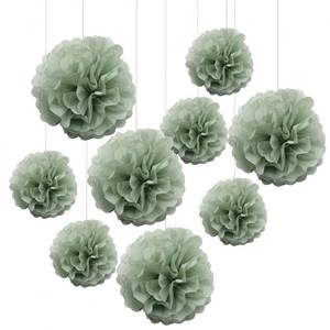 lot 12184 image: 9-Pack Sage Green Tissue Paper Flower Pom Poms Decorations - 12in 10in Sage Hanging Paper Party Decor for Bridal Shower, Baby Shower, Birthday, Wedding, Nursery Room, Backdrop Supplies