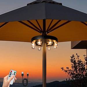 lot 13450 image: Umbrella Lights Outdoor Patio, Rechargeable Cordless with Dimmer andTimer, 8 Bright Warm White LED Bulbs Perfect for Garden, Backyard, Camping, BBQ or Indoor Use