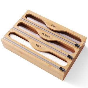 lot 13453 image: Danfoxer Wrap Dispenser with Cutter and Labels, Plastic Wrap Organizer For Kitchen,Bamboo 3-in-1 Wrap Dispensers for Cling Wrap Aluminum Foil and Wax,Storage Organization HolderNatural