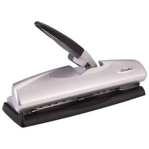 lot 13454 image: Swingline 3 Hole Punch, 20 Sheet Capacity Three Hole Puncher 3 Ring, Adjustable 2-7 Hole Paper Punch, LightTouch Low Effort, Black and Silver (74030)