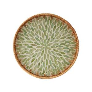 lot 13458 image: Round Rattan Tray with Mother of Pearl Inlay, Rattan Serving Tray with Wooden Base, Decorative Wicker Basket for Table Decor, Storage and Display of Coffee Bread Food Fruit (Leaf)